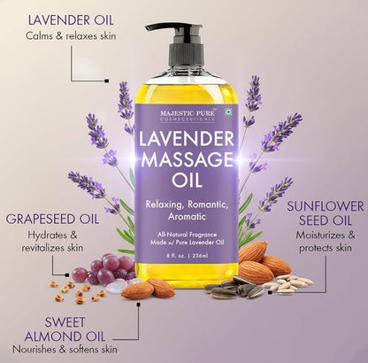 PURE Lavender Massage Oil for Massage Therapy - Refreshing, and Relaxing - Natural Oils with Lavender Essential Oil - for All Skin Types - Men and Women Massage Lotion - 8 fl oz