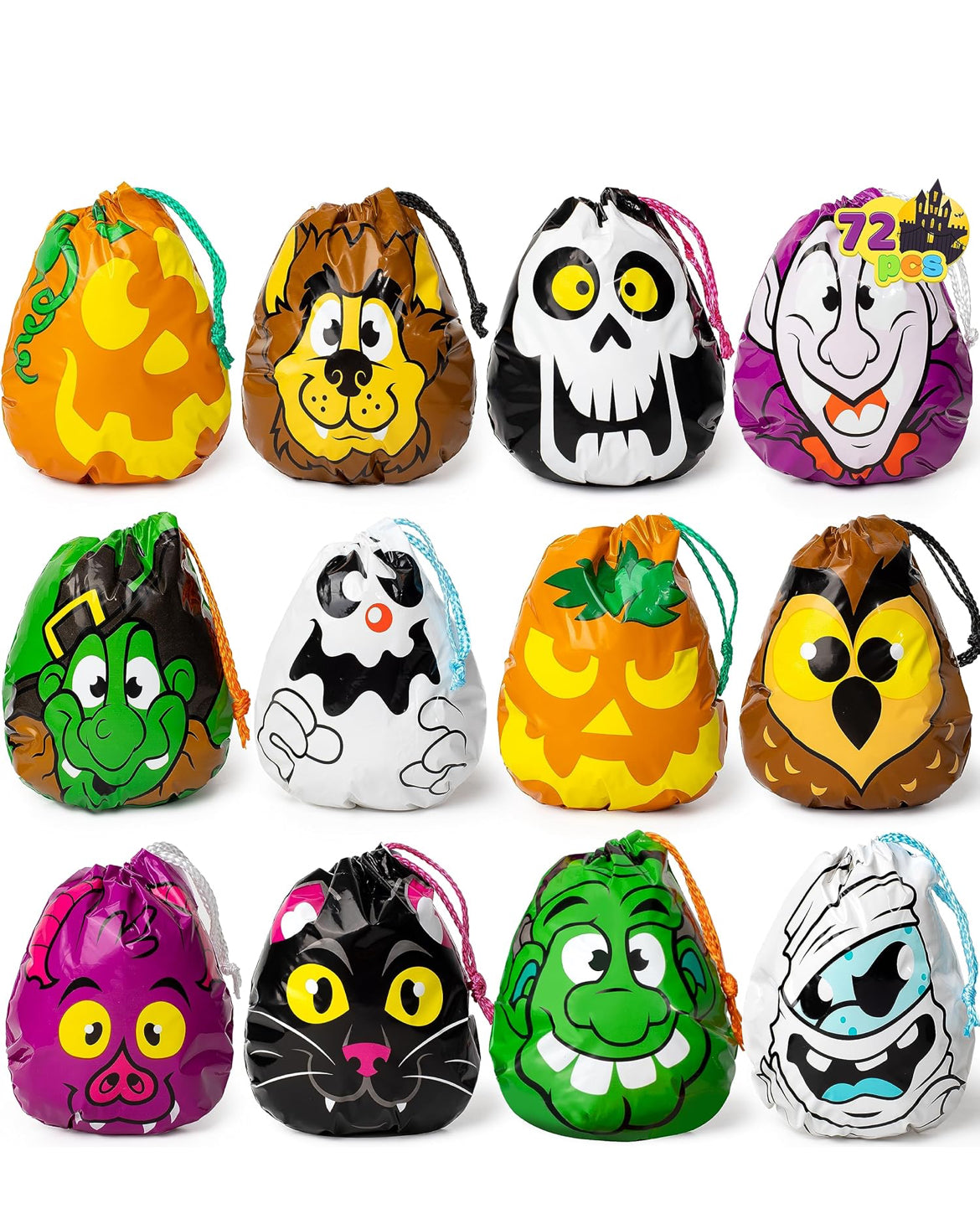 JOYIN 72 Stuks Halloween-trekkoordsakkies, Halloween-lekkersakke, Trick or Treat-sak, Goedjiesnoepgoed-geskenksak Grootmaat vir Kinders Trick or Treating, Partytjiegeskenkbenodigdhede, 12 Ontwerpe Klaskamergeskenke Pryse