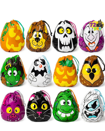 JOYIN 72 Stuks Halloween-trekkoordsakkies, Halloween-lekkersakke, Trick or Treat-sak, Goedjiesnoepgoed-geskenksak Grootmaat vir Kinders Trick or Treating, Partytjiegeskenkbenodigdhede, 12 Ontwerpe Klaskamergeskenke Pryse