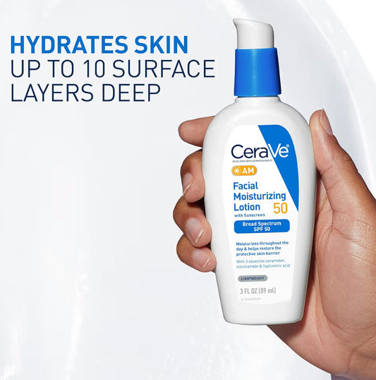CeraVe AM Gesigsbevogtigende Melk SPF 50 Hialuronzuur, Niasienamied & Seramiede Nie-komedogeniese Sonroom (89 ml)