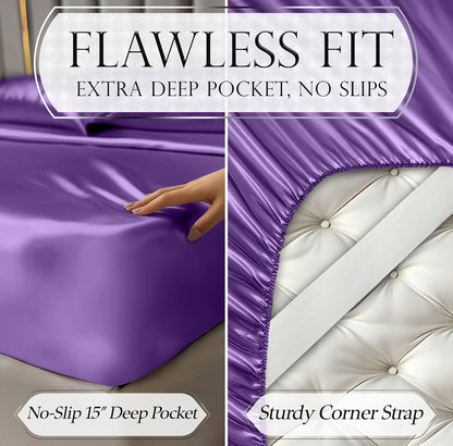 DECOLURE Satin Bed Sheets - 4 Piece Luxury Silky Queen Size Bedding Set - Softer Than Silk, Wrinkle-Free with 15” Deep Pocket Fitted Sheet, Perfect for Hair & Skin, Gifts for Women (Purple)