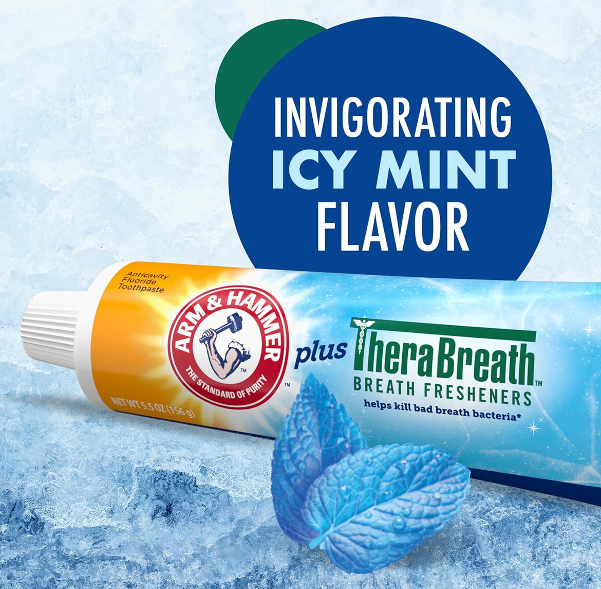 ARM & HAMMER Toothpaste Plus TheraBreath Breath Fresheners, Invigorating - ICY Mint Flavor 5.5 Oz (Pack of 2)
