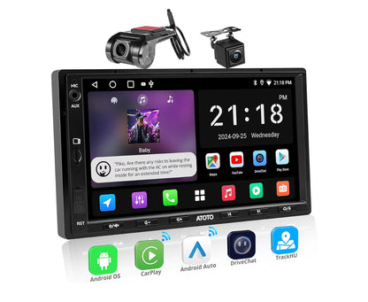7" Dubbel-din-motorstereo met trurukamera en DVR-dashcam, draadlose CarPlay en Android Auto, WiFi/Bluetooth/USB-verbinding, DSP/FM/AM/SWC-raakskerm
