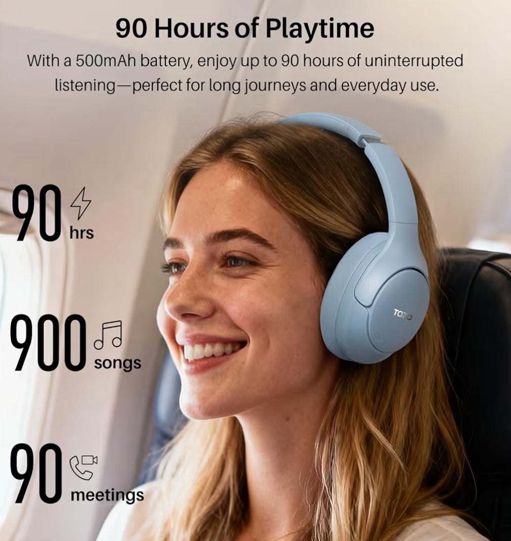 HT3 Hybrid Noise Cancelling Headphones, 90H Battery Life Over Ear Bluetooth 6.0 Foldable Headset, AI Voice Assistant - Blue