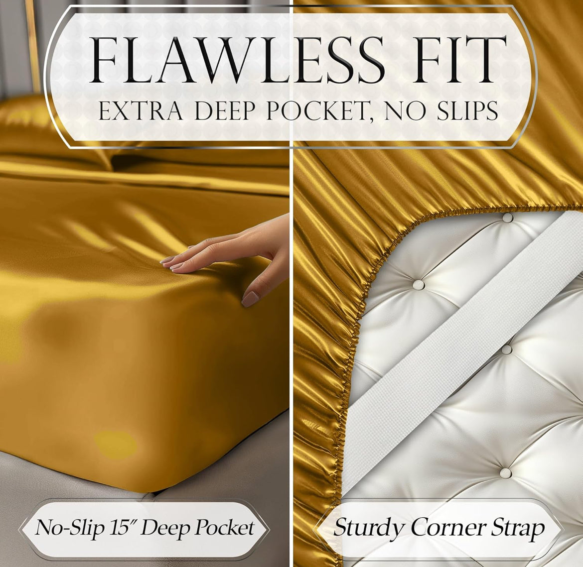 DECOLURE Satin Bed Sheets - 4 Piece Luxury Silky Queen Size Bedding Set - Softer Than Silk, Wrinkle-Free with 15” Deep Pocket Fitted Sheet, Perfect for Hair & Skin, Gifts for Women (Gold)