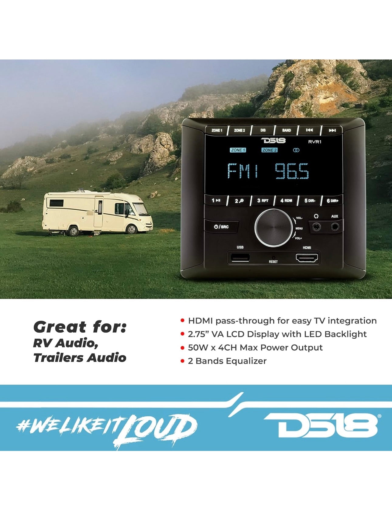 DS18 RVR1 RV Headunit LCD Screen, FM/AM, MP3, USB, HDMI, Bluetooth Receiver for Vehicle RV