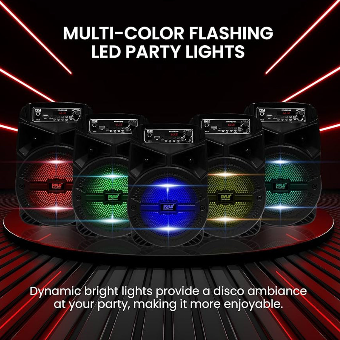 Rechargeable Outdoor Bluetooth Portable PA System 240W w/ 6.5” Subwoofer 1” Tweeter, Microphone In, Party Lights, MP3/USB, Radio, Remote