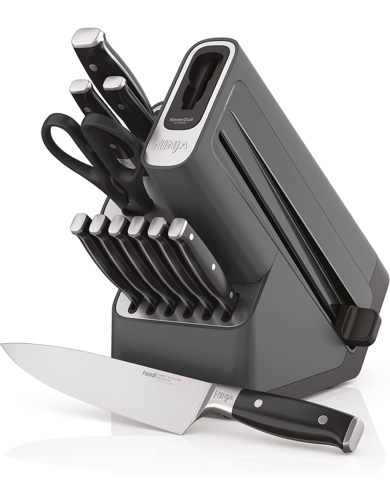 Ninja K32012 Foodi NeverDull Premium Messe Stelsel, 12 Stuk Mesblokstel met Ingeboude Skerpmaker, Duitse Vlekvrye Staal Messe, Swart