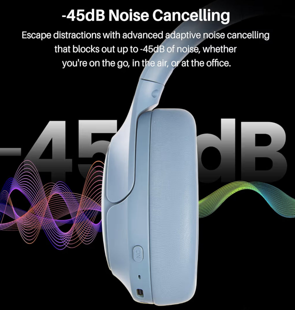 HT3 Hybrid Noise Cancelling Headphones, 90H Battery Life Over Ear Bluetooth 6.0 Foldable Headset, AI Voice Assistant - Blue