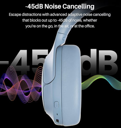 HT3 Hybrid Noise Cancelling Headphones, 90H Battery Life Over Ear Bluetooth 6.0 Foldable Headset, AI Voice Assistant - Blue
