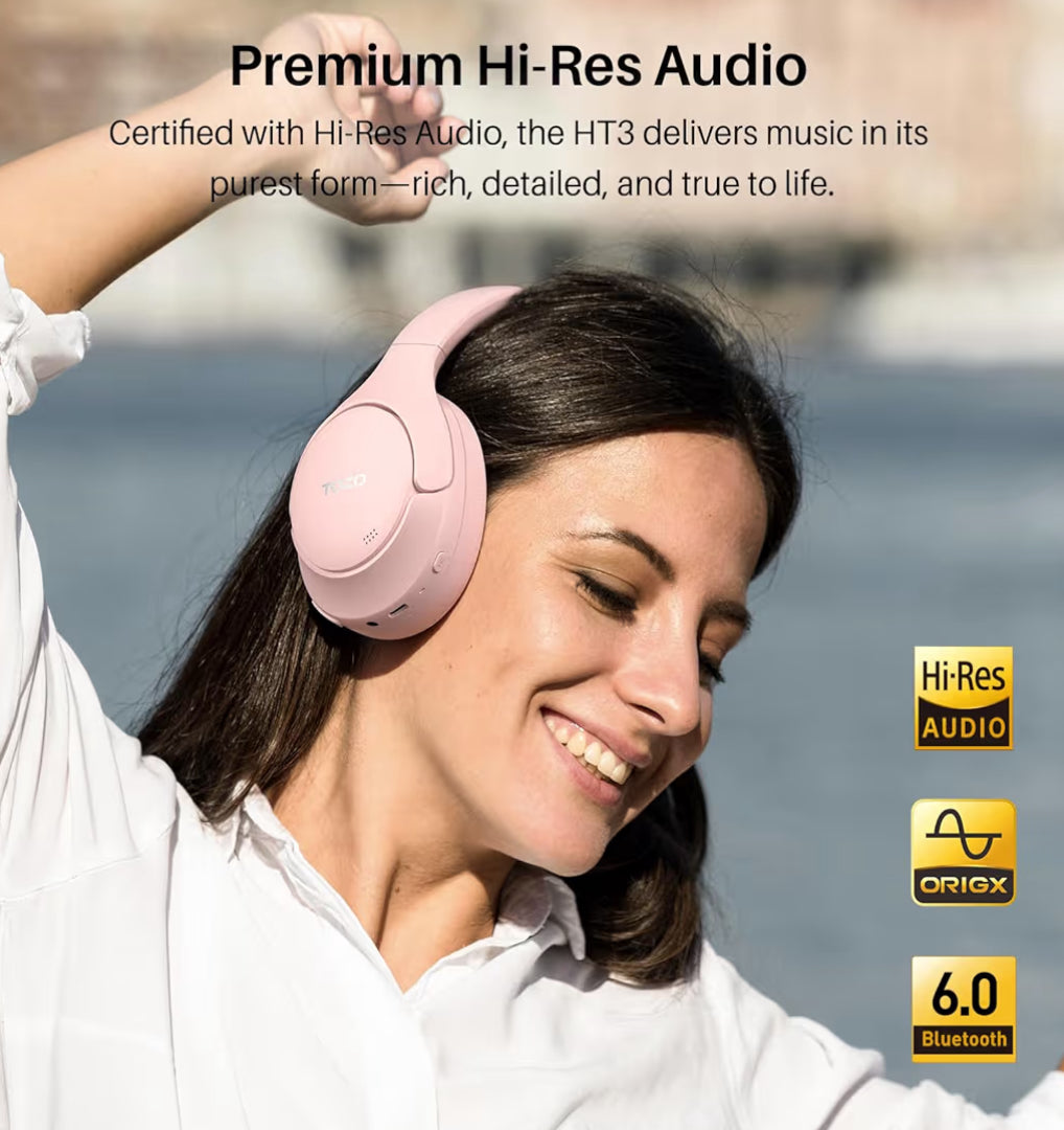 HT3 Hybrid Noise Cancelling Headphones, 90H Battery Life Over Ear Bluetooth 6.0 Foldable Headset, AI Voice Assistant - Pink