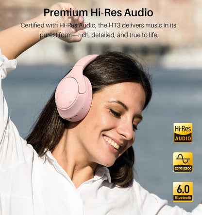 HT3 Hybrid Noise Cancelling Headphones, 90H Battery Life Over Ear Bluetooth 6.0 Foldable Headset, AI Voice Assistant - Pink