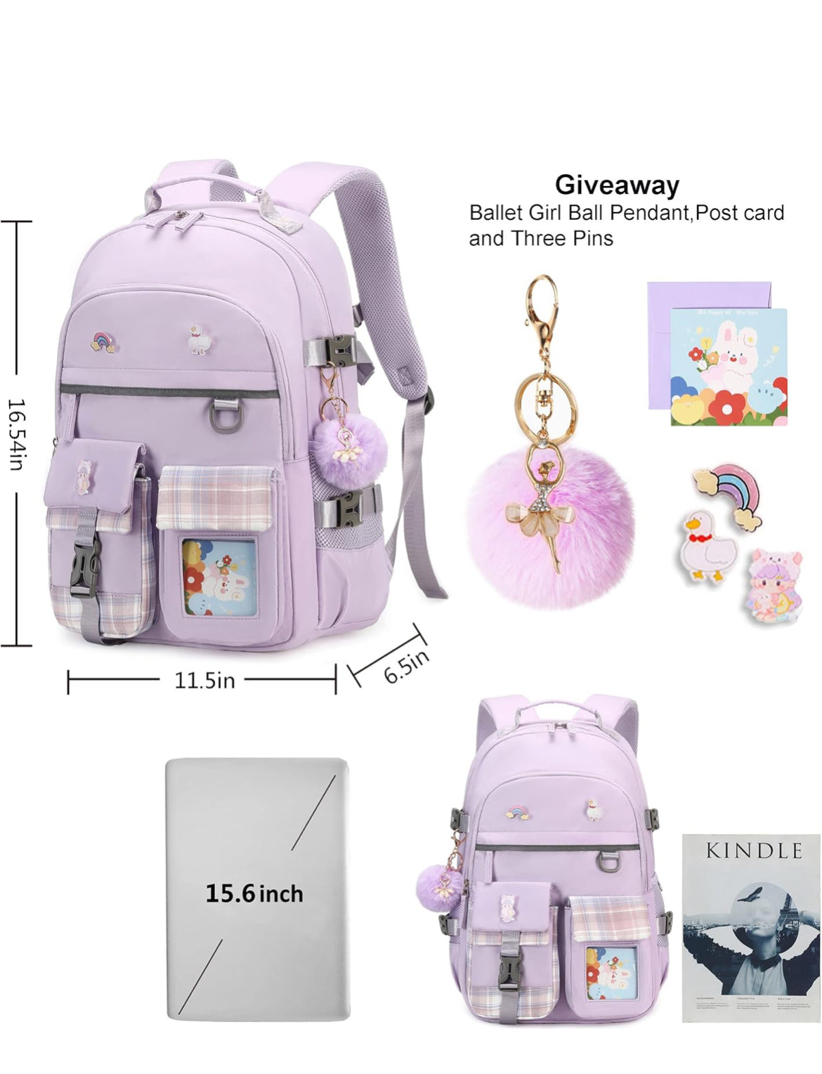 Backpack for Girls, 15.6 Inch Laptop School Bag Kids Kindergarten Elementary College Backpacks Large Bookbags for Teen Girl Women Students Casual Travel Daypacks (Purple)