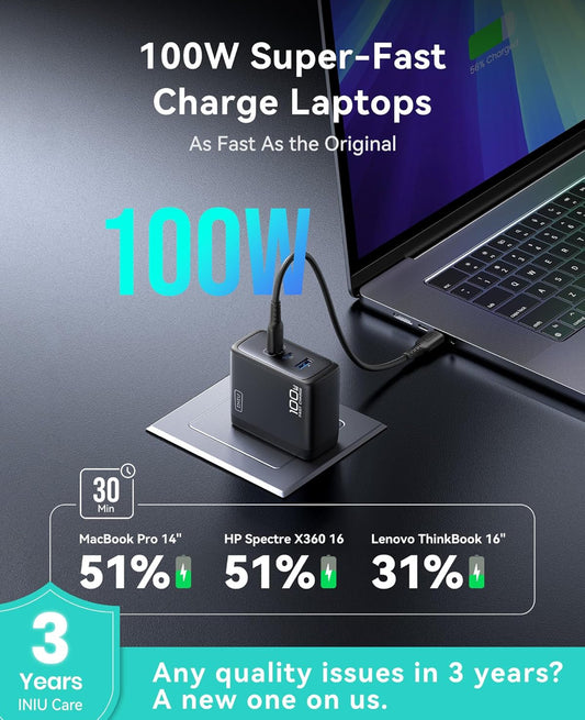 INIU USB C-laaiblok, 3-poort 100W PD-vinniglaai, MacBook-laaier met USB C-kabel en opvoubare prop, GaN-tegnologie, vir MacBook Pro/Air, skootrekenaar, iPhone 16, Samsung S25, iPad, veelvuldige toestelle ens.