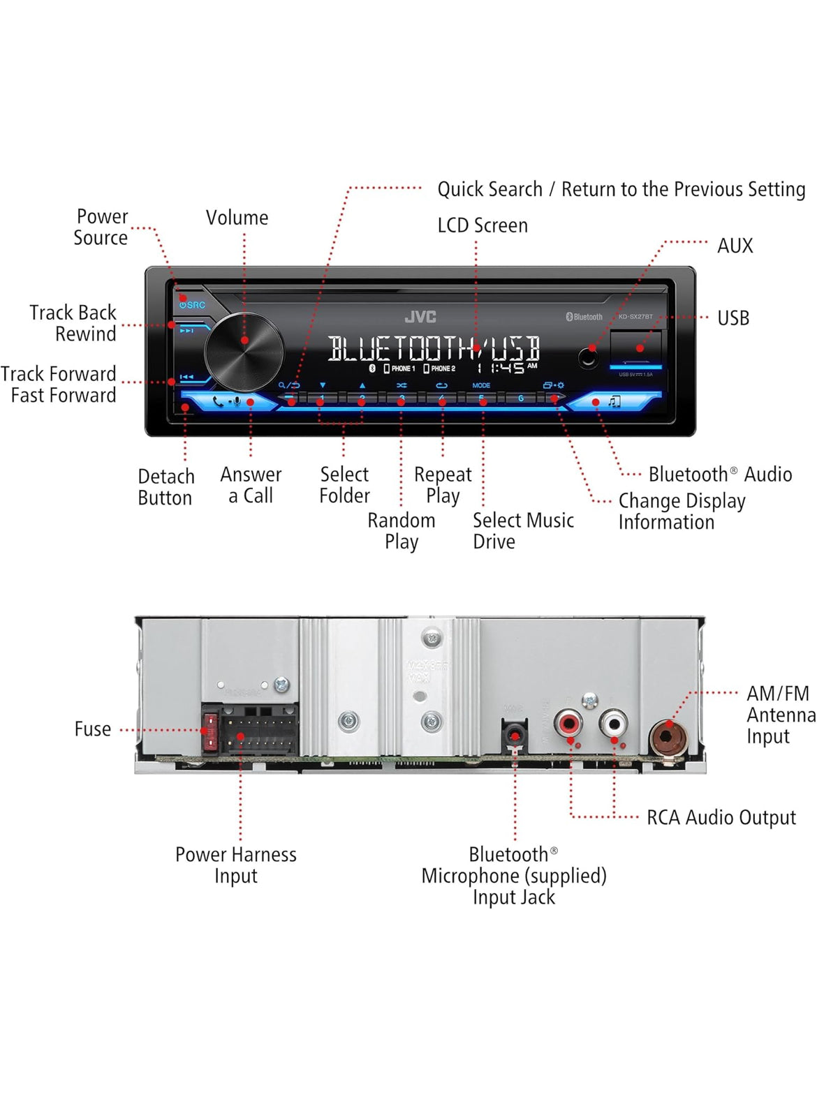 JVC KD-SX27BT Kar Stereo met Bluetooth, 100W Digitale Media-ontvanger, 1.5A USB om Toestelle te Laai, Enkel DIN Hoofeenheid, AM/FM, Aux-in, JVC Remote App