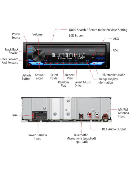 JVC KD-SX27BT Kar Stereo met Bluetooth, 100W Digitale Media-ontvanger, 1.5A USB om Toestelle te Laai, Enkel DIN Hoofeenheid, AM/FM, Aux-in, JVC Remote App