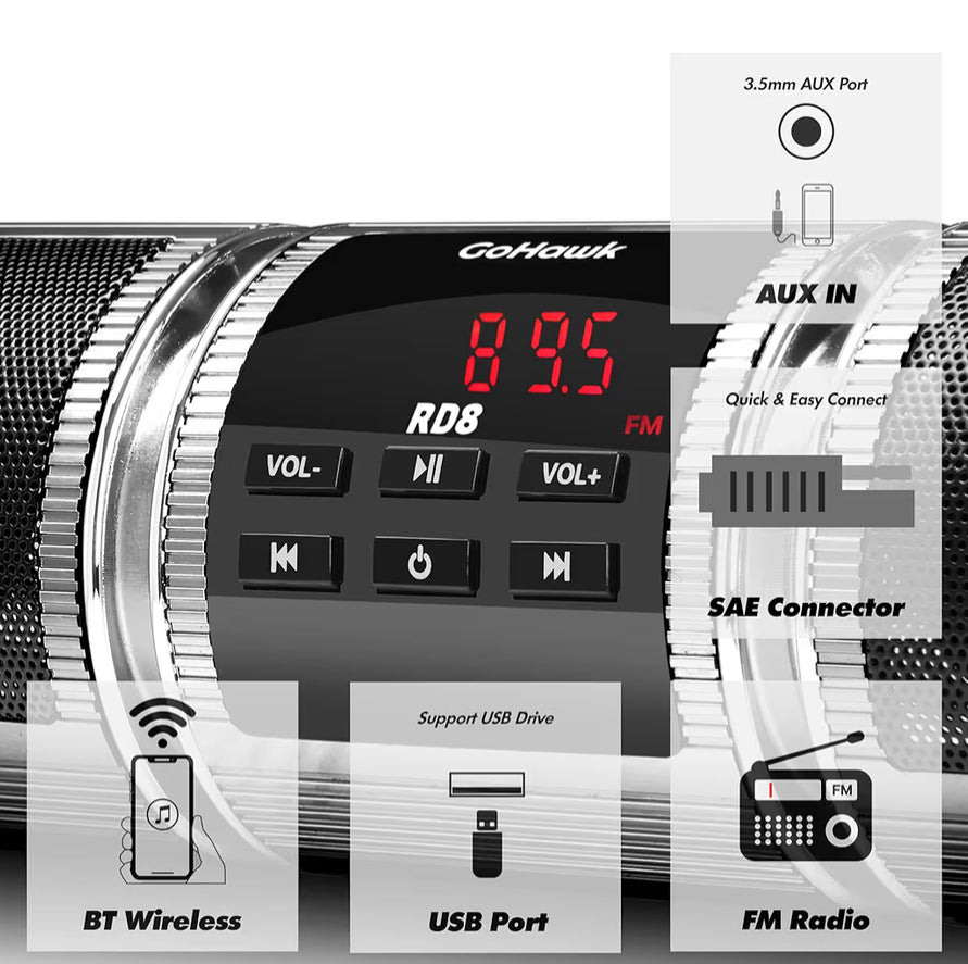 Motorcycle Bluetooth Speakers, Waterproof Radio Audio System
Built-in Amplifier, FM Radio, AUX Input, USB, Great for ATV, Scooter Bike,12 Volt Vehicle