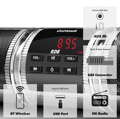 Motorcycle Bluetooth Speakers, Waterproof Radio Audio System
Built-in Amplifier, FM Radio, AUX Input, USB, Great for ATV, Scooter Bike,12 Volt Vehicle