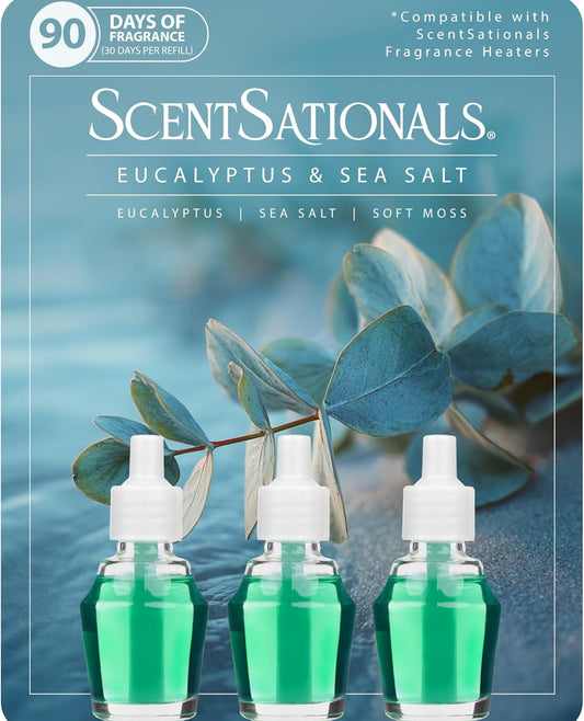 Scentsationals Fragrance Oil Plug in Air Freshener Refills 3-Pack - Eucalyptus & Sea Salt - Works w/ Scentsationals Wall Plugs - Packaging May Vary