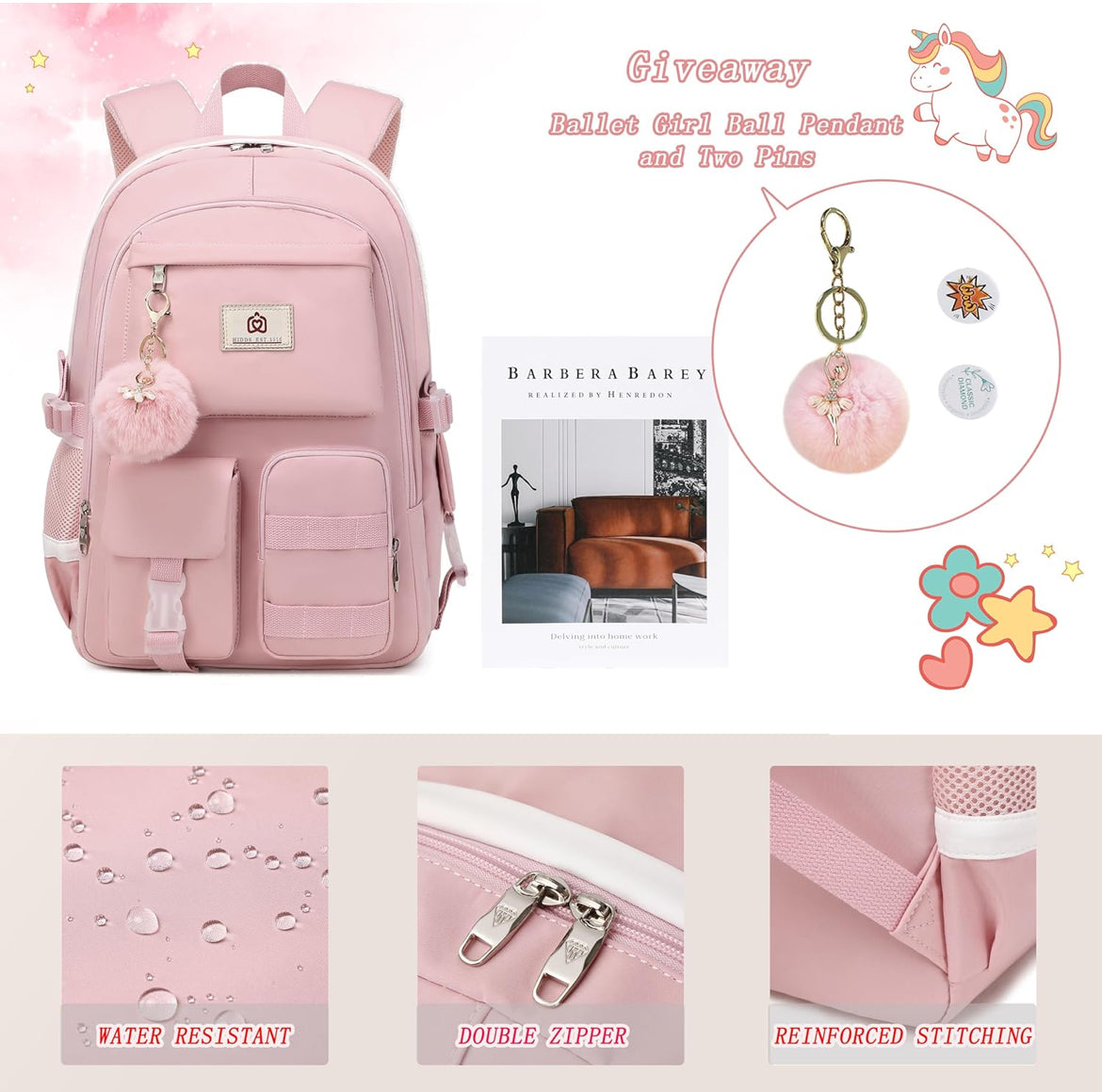 Backpack for Girls Laptop Backpacks 15.6 Inch College Cute Bookbag Anti Theft Primary Elementary School Bag Casual Daypack for Students Teens Girl Women (Pink)