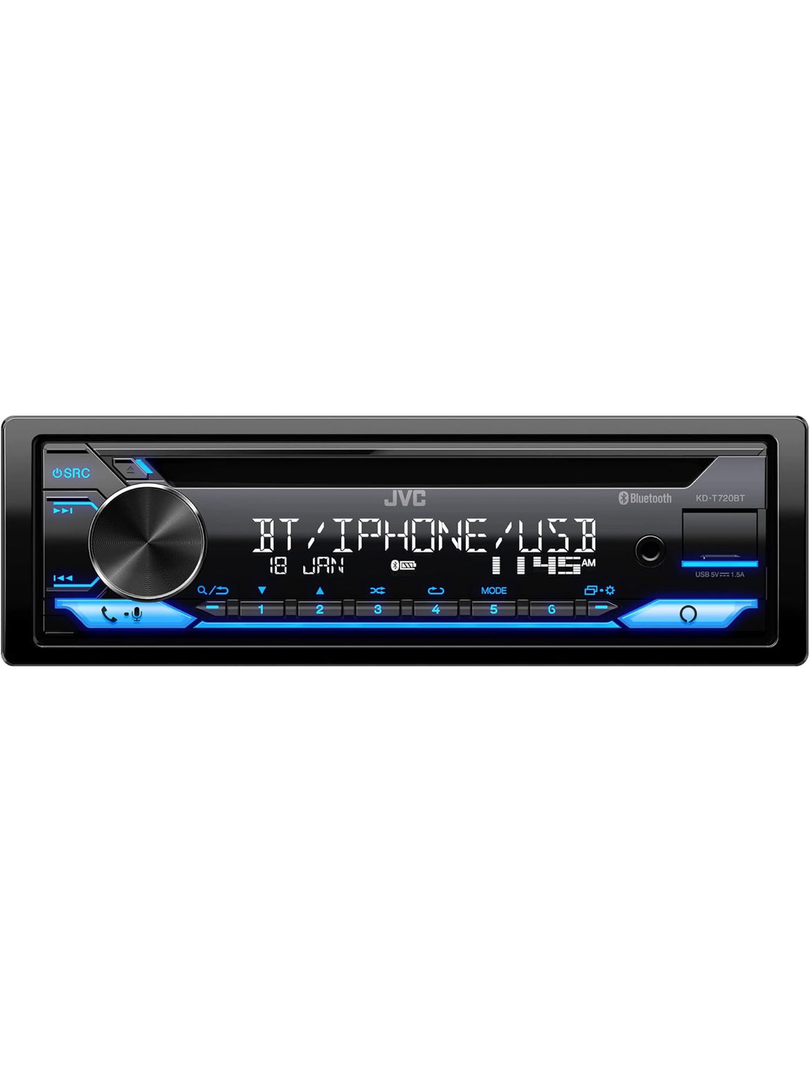 JVC KD-T720BT - CD-motorstereo, enkel-din, Bluetooth-oudio en handvrye oproepe met eksterne mikrofoon, CD, MP3, USB, AUX-inset AM/FM-radio, hoëkragversterker, Amazon Alexa-stembeheer