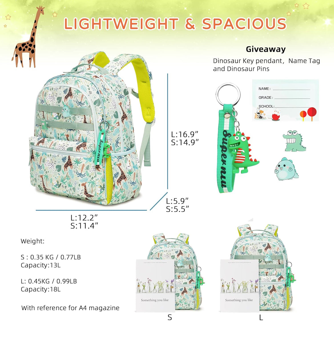 Kids Backpack for School Boys Girls Lightweight Kindergarten Elementary Toddler Backpacks Preschool Bookbags Cute Cartoon Travel Daypack with Chest Strap (L,Green)