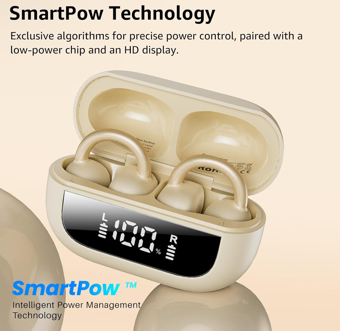 Open Ear Clip Earbuds, Lightweight Comfort 40H Play BT w/ Smart Digital Display - Khaki