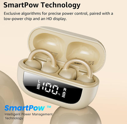 Open Ear Clip Earbuds, Lightweight Comfort 40H Play BT w/ Smart Digital Display - Khaki