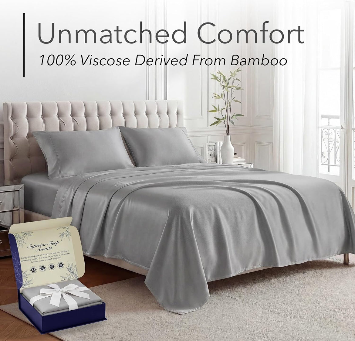 DECOLURE 100% Viscose Derived from Bamboo Sheets King Size - Luxury 4 Pc Naturally Cooling Sheets, Ultra Soft Bed Set - Deep 17" Pockets, Durable Double Stitching, Oeko Tex Standard (Light Grey)