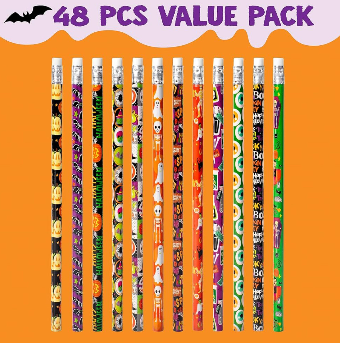 JOYIN 48 STUKS Halloween Potlode Grootmaat met Uitveër, Kleurvolle Herfs Potloodkeuse, 12 Ontwerp Halloween Tema Skryfbehoeftesstel vir Kind Meisie Seun Klop-aan-deure Partytjiegunste Benodigdhede, Klaskamergeskenkprys
