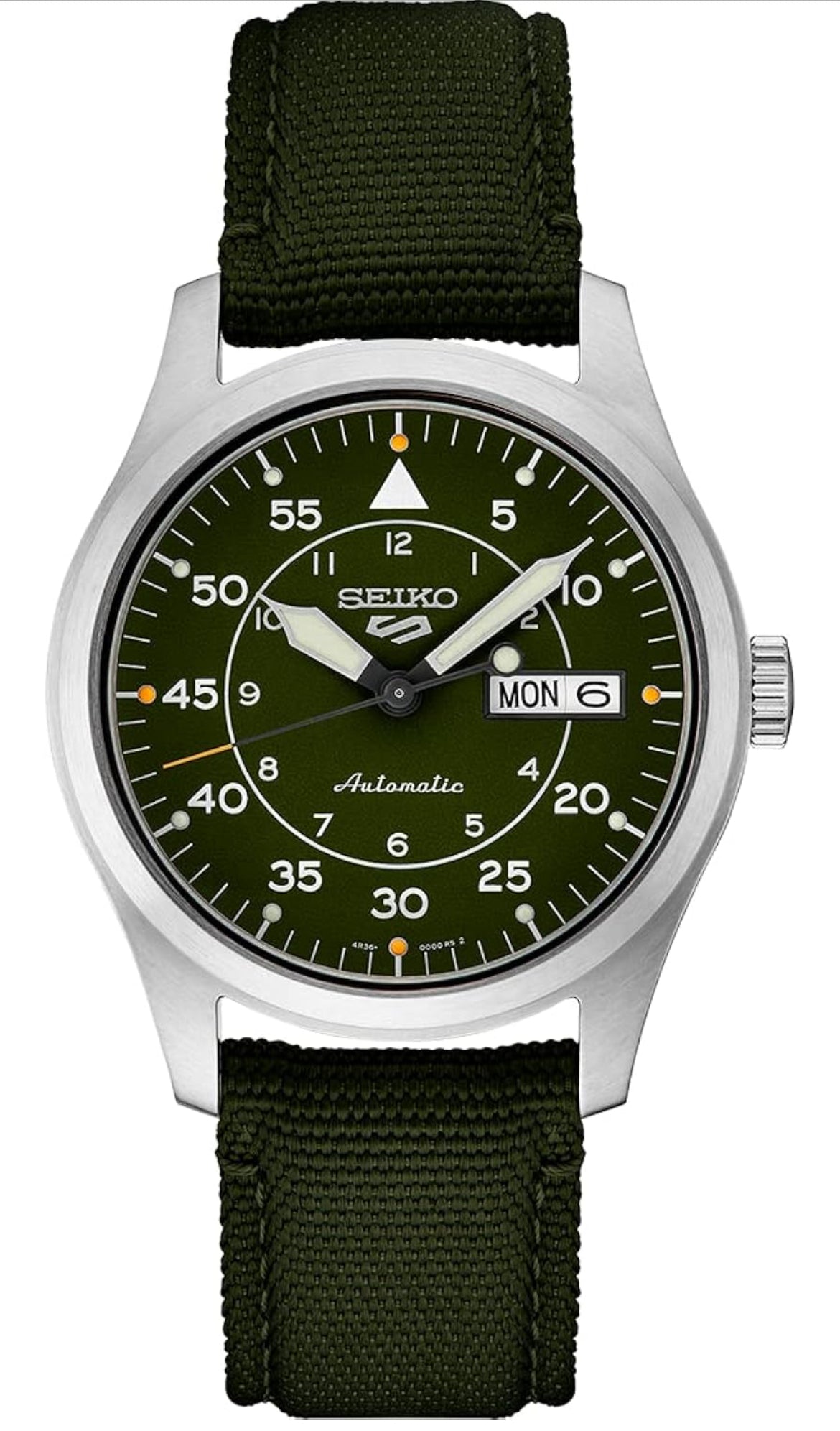 SEIKO Manshorlosie - 5 Sports - Outomaties met Handopwenbeweging, Groen Wysplaat, Vlekvrye Staal Kas, Groen Nylon Band, 100m Waterbestand, met Dag/Datum Vertoning