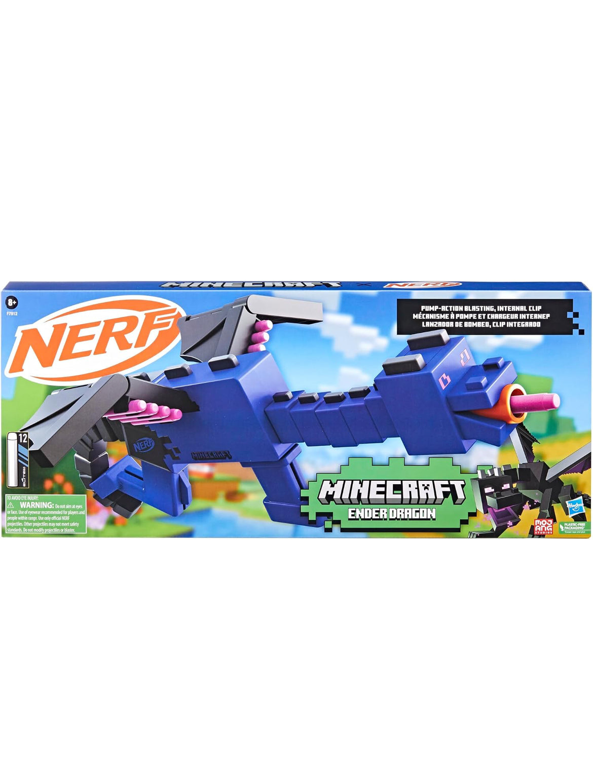 NERF Minecraft Ender Dragon Blaster, 4-Dart Internal Clip, 12 NERF Elite Foam Darts, Design Inspired by Mob in The Game