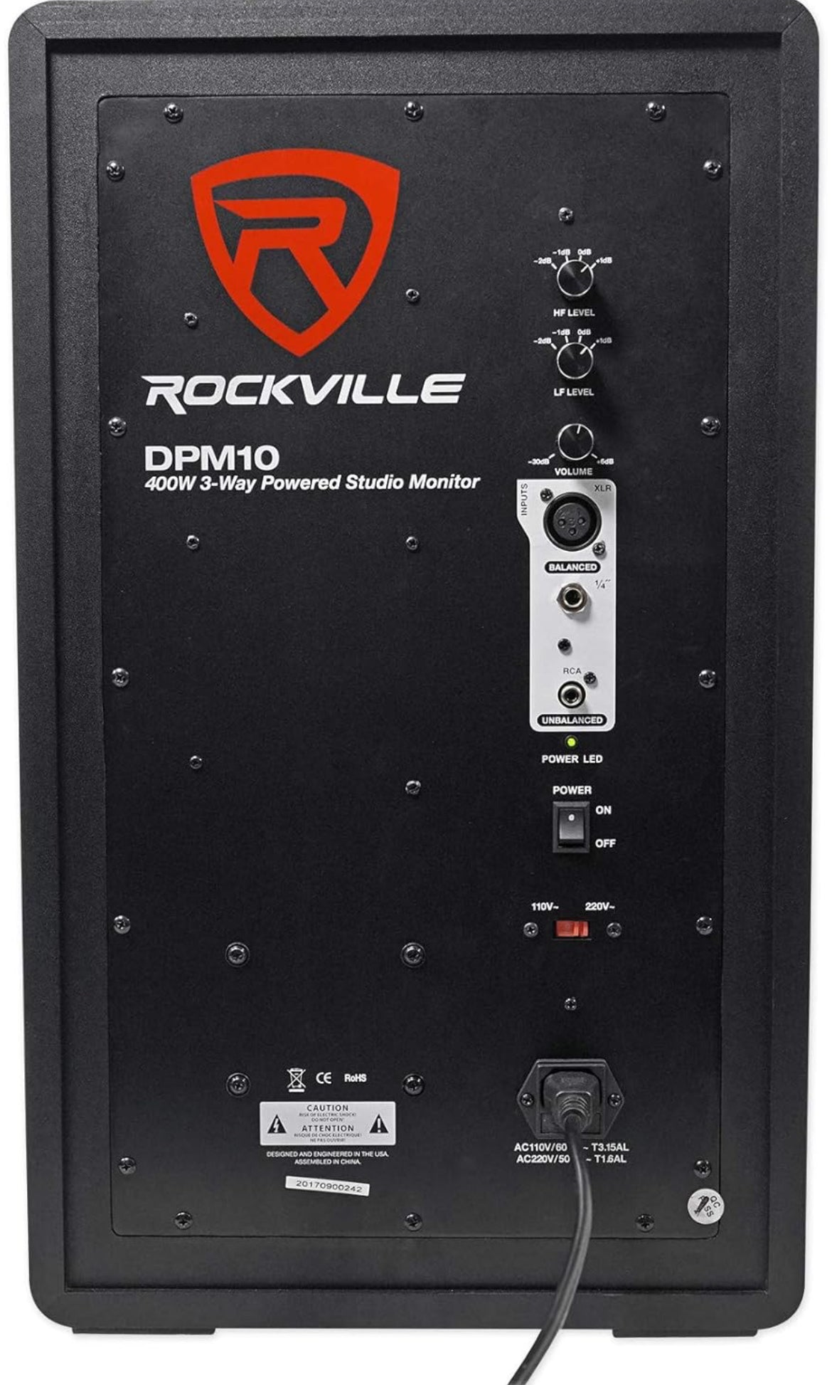 Rockville 10" 400w Powered Active 3-Way Studio Monitor Speaker Full Range, Black, 10 inch