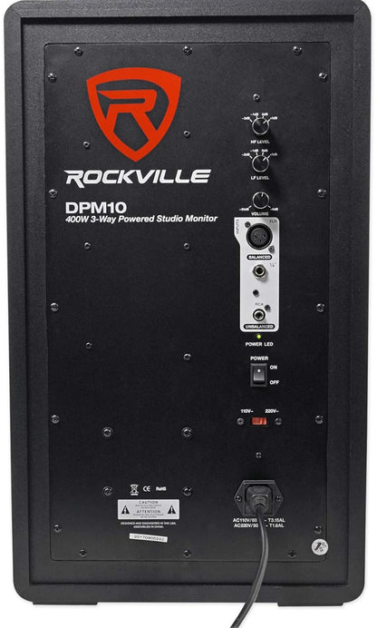 Rockville 10" 400w Aangedrewe Aktiewe 3-rigting Studio Monitor Luidspreker Volreeks, Swart, 10 duim