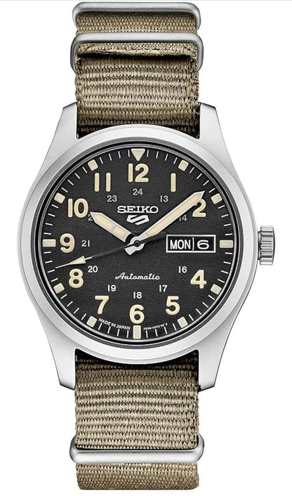 Seiko-horlosie, Swart Wysplaat, 41-uur Kragreserwe, Vlekvrye Staal Kas, Nylonband, Waterbestand