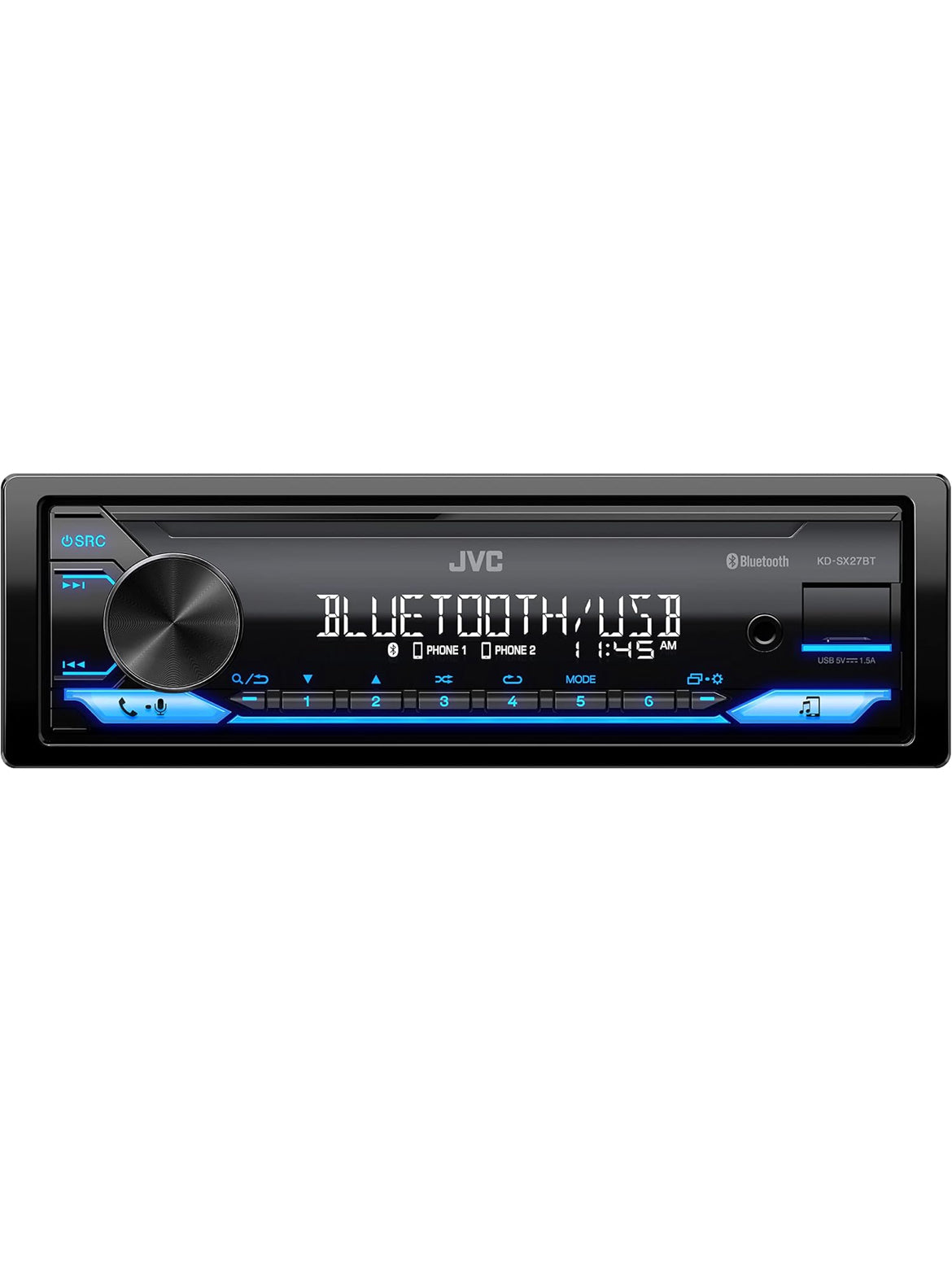 JVC KD-SX27BT Kar Stereo met Bluetooth, 100W Digitale Media-ontvanger, 1.5A USB om Toestelle te Laai, Enkel DIN Hoofeenheid, AM/FM, Aux-in, JVC Remote App