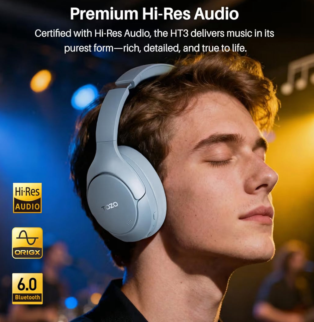 HT3 Hybrid Noise Cancelling Headphones, 90H Battery Life Over Ear Bluetooth 6.0 Foldable Headset, AI Voice Assistant - Blue