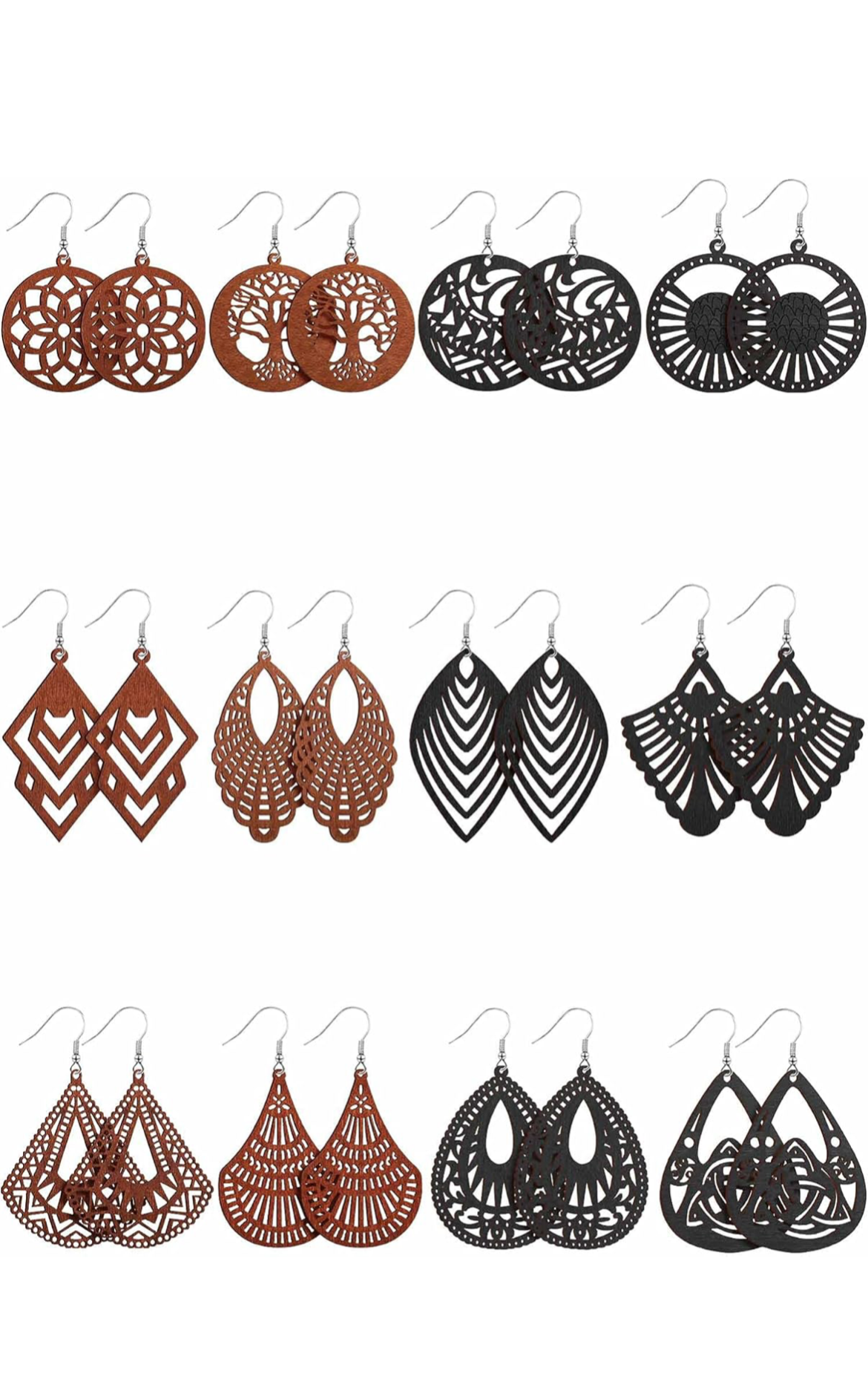12 Paires Boucles d'Oreilles Pendante en Bois Africain Légères Gouttes Bohémiennes Bijoux Pendentifs Ornements en Bois
