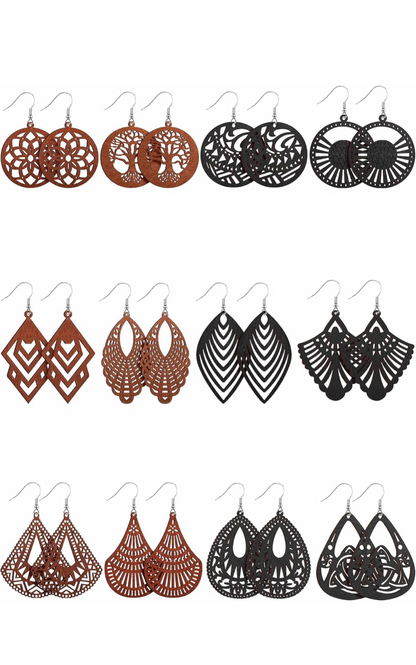 12 Pare Afrika-hout-hangertjie-oorbelle Liggewig-druppeloorbelle Boheemse hangertjie-juweliersware Houtornamente