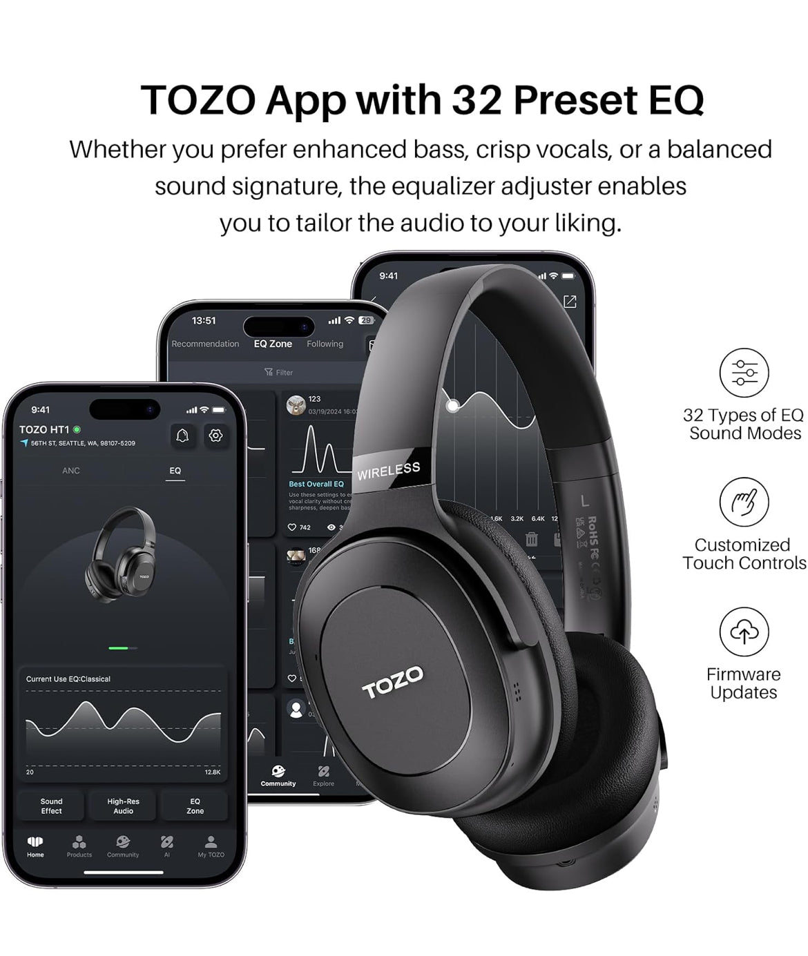 Hybrid Active Noise Cancelling Headphones, Wireless Over Ear Bluetooth, 40H Playtime, Hi-Res Audio Custom EQ, Comfort Fit Ear Cups (Black)