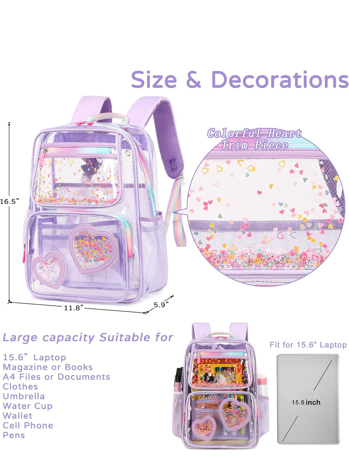 Clear Backpack for Girls Women Transparent Kids Elementary College School Bag Travel Laptop Backpacks Large Bookbags (Purple)