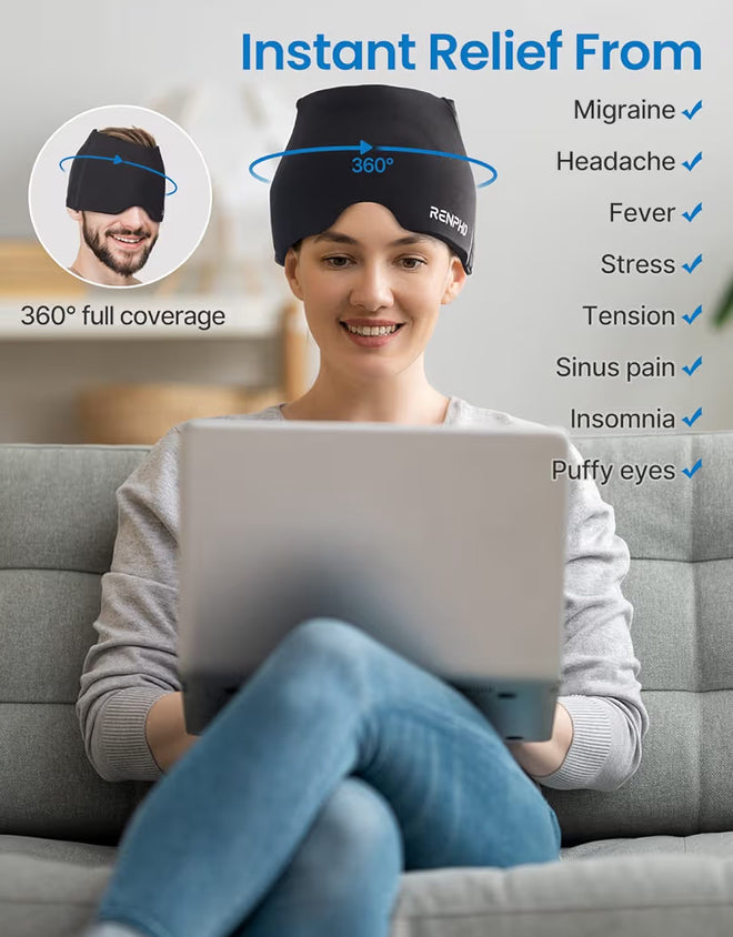 Migraine Relief Cap Ice Head Wrap with Hot or Cold Therapy - Ice Face Mask (Black)