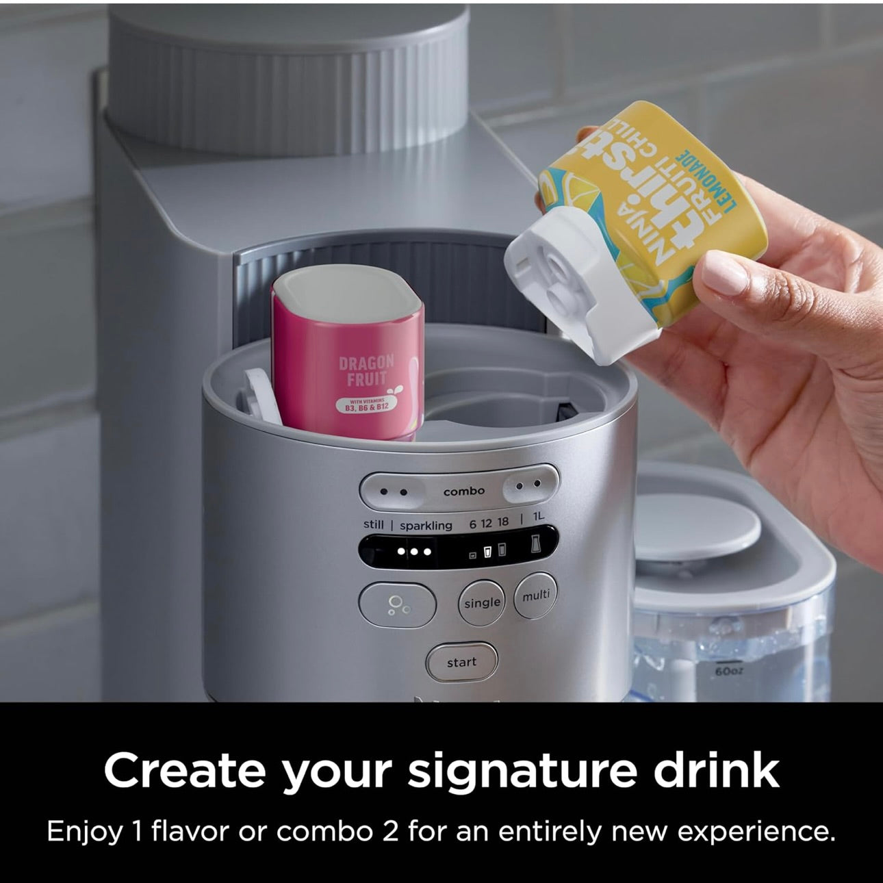 Ninja Thirsti Max Custom Hydration System, Soda Maker, Sparkling Water Maker, Custom Still & Sparkling Drinks, Compact Design, With 60L CO₂ Cylinder & Flavored Water Drops - Silver