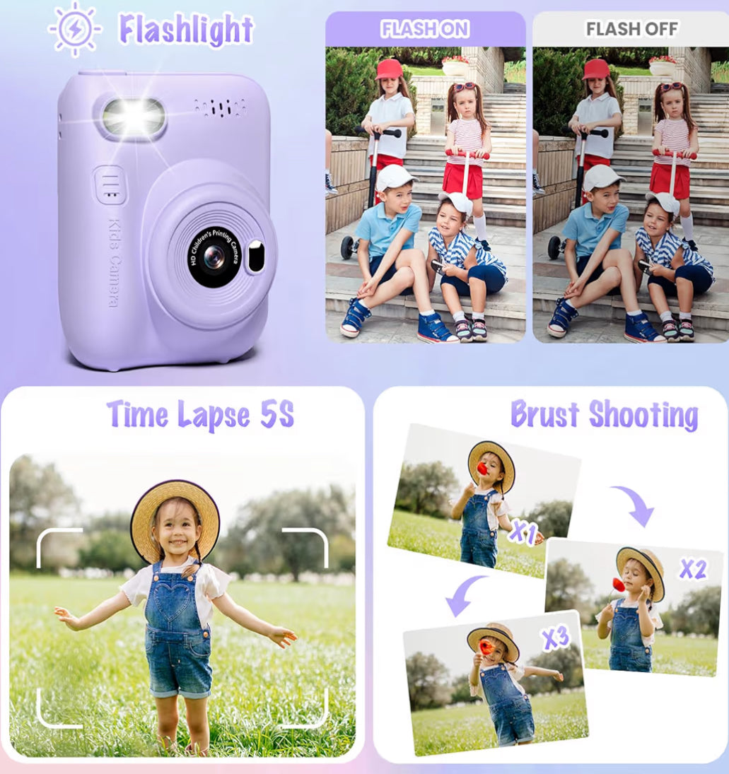 Kitsdrukamera 3.0" HD 32MP Kinders 1080P met 3 Rolletjies Drukpapier 32GB SD-Kaart (Pers)