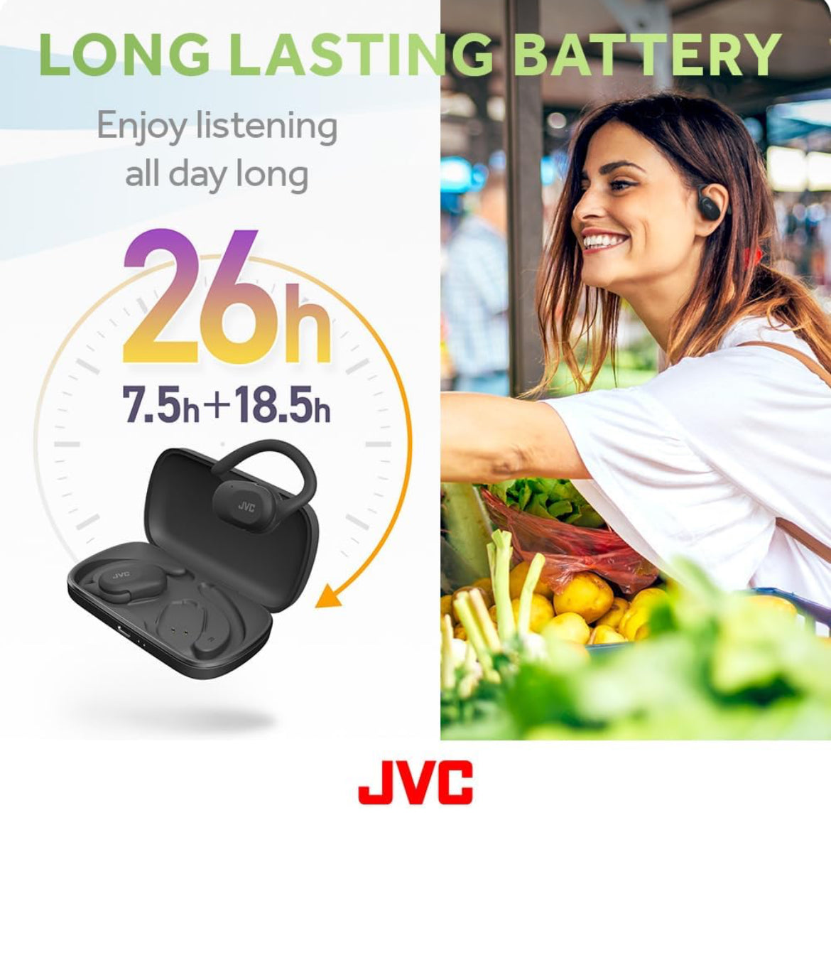 JVC Nearphones Open Ear Ware Draadlose Oorfone met Spilbewegingsmeganisme, 16mm Groot Drywerklank, Enkeloor-gebruik, BT 5.4, Lang Batterylewe (tot 26 Uur) - HANP40TB (Swart)