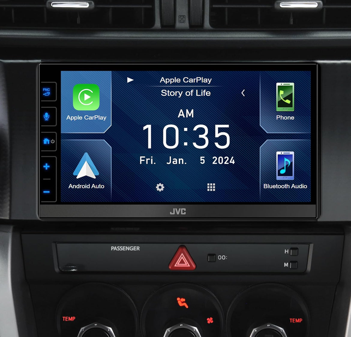 JVC Apple CarPlay Android Auto Digitale Mediaspeler, Dubbel Din, 6.8 Duim LCD Raakskerm, AM/FM, HD Radio, Bluetooth, MP3 Speler, USB Poort, iDatalink Maestro, SiriusXM, Motorradio