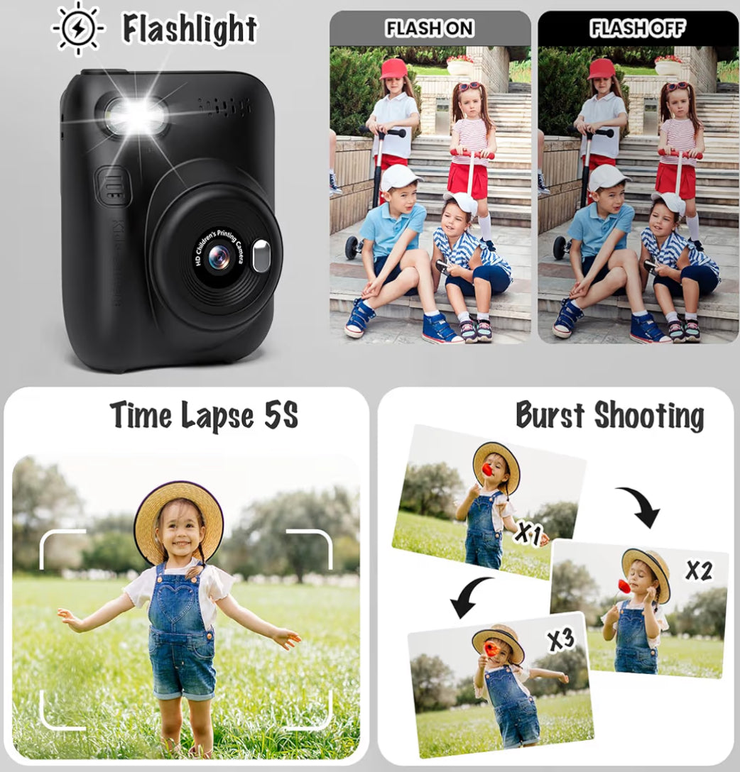 Kits Druk Kamera 3.0" HD 32MP Kinders 1080P met 3 Rolle Drukkerpapier 32GB SD Kaart (Swart)