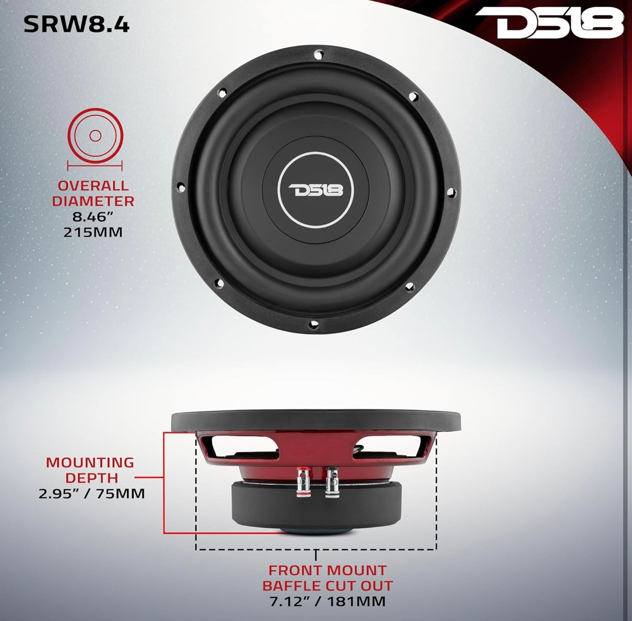 DS18 SRW8.4 8" Shallow Car Subwoofer - 300 Watts, Single Voice Coil, 4-Ohm (1 PC)
