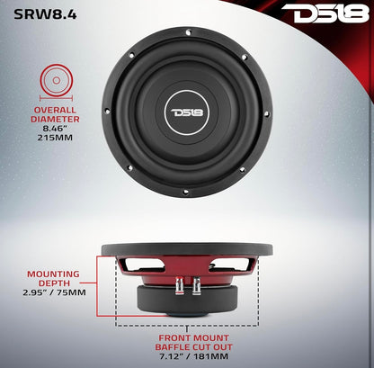 DS18 SRW8.4 8" Vlak Motor Subwoofer - 300 Watt, Enkel Spreekspoel, 4-Ohm (1 ST)