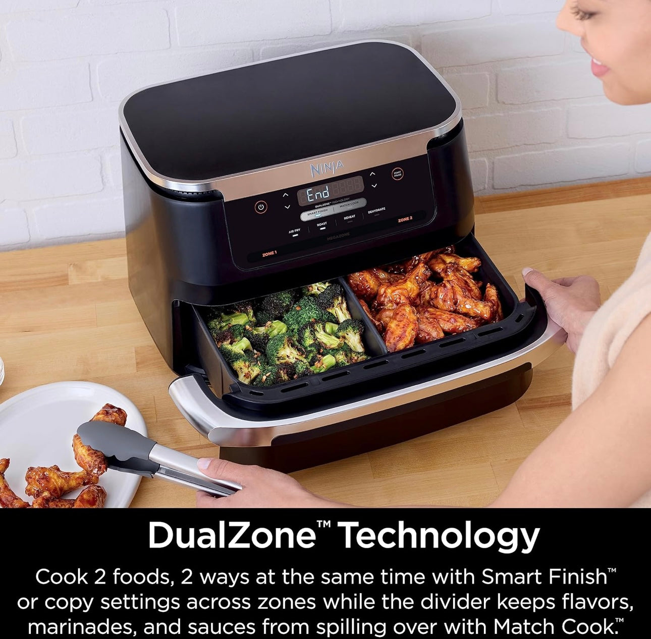 Ninja DZ071 Foodi 6-in-1 FlexBasket Air Fryer with 7-QT MegaZone & Basket Divider for Large Proteins & Full Meals, Smart Finish Cook 2 Foods 2 Ways, Family Sized Capacity, Air Fry, Roast & More - Black